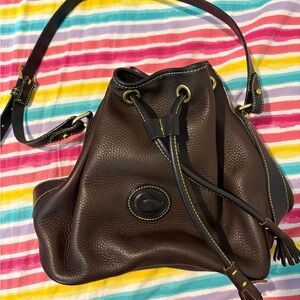 Vintage Dooney & Bourke Brown Pebbled Leather Drawstring Shoulder Bag